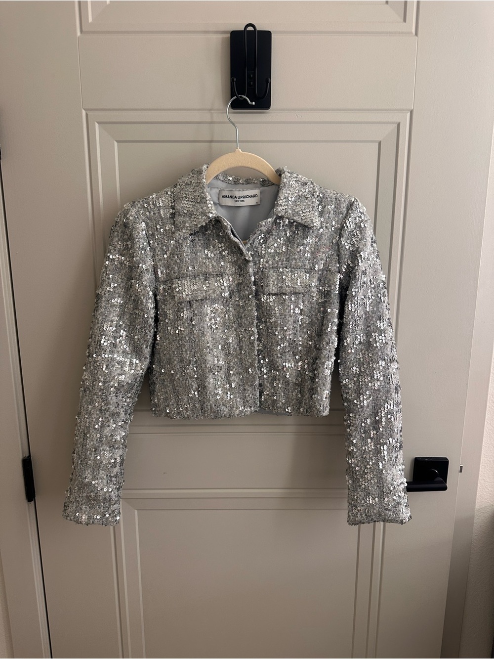 Amanda Uprichard Silver Sequin Cropped Blazer